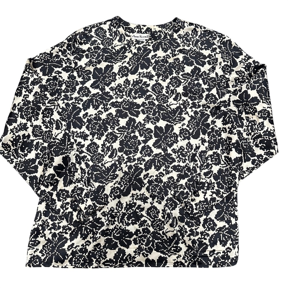 Anne Klein II Womens Vintage 100% Silk Pixelated Floral Blouse Black Ivory M
